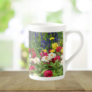 Blue Salvia and Zinnias Floral Bone China Mug