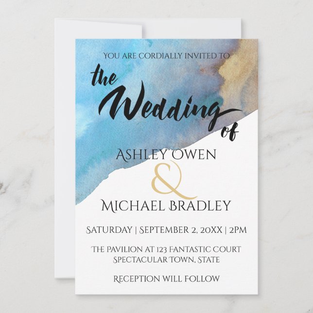 Blue & Sand Abstract Beach Watercolor Wedding Invitation (Front)