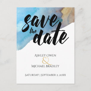 Blue & Sand Artsy Beach Watercolor Save the Date Announcement Postcard