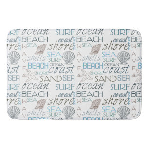 Blue Sand Beach Theme Shells Words Bath Mat