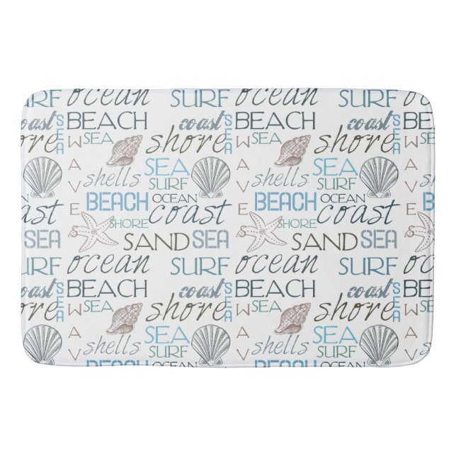 Blue Sand Beach Theme Shells Words Bath Mat (Front)