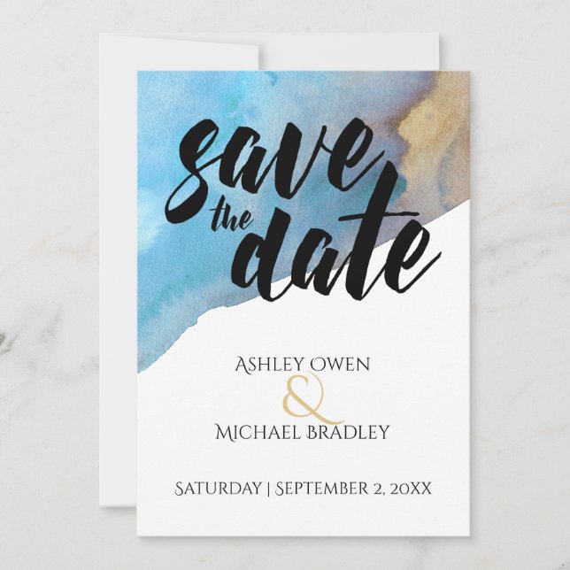 Blue & Sand Beach Watercolor Save the Date (Front)
