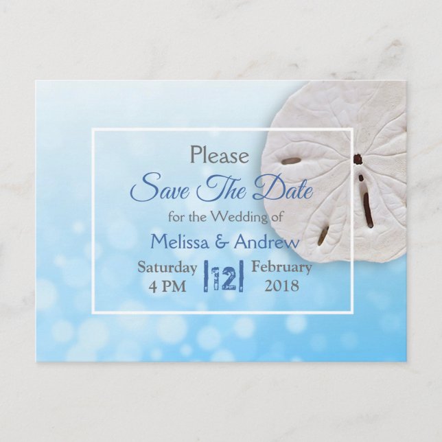 Blue Sand Dollar Themed Wedding Save the Date Announcement Postcard (Front)