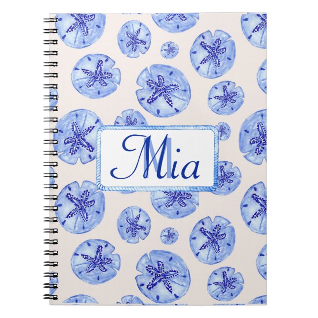 Blue sand dollar watercolor-custom monogram-name  notebook (Front)