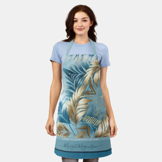 Blue sand faux golden palm leaves custom text apron
