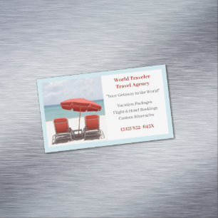 Blue Sand Red Chairs Agency Travel Agent Beach Magnetic Business Card