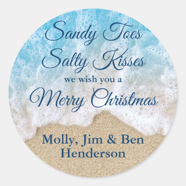 Blue Sandy Toes Salty Kisses Merry Christmas Classic Round Sticker (Front)