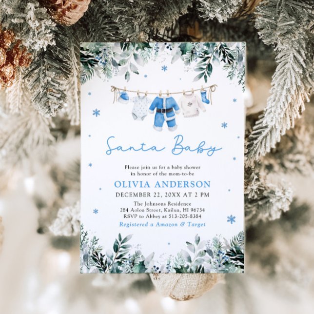 Blue Santa Baby Christmas Clothesline Baby Shower Invitation (Creator Uploaded)