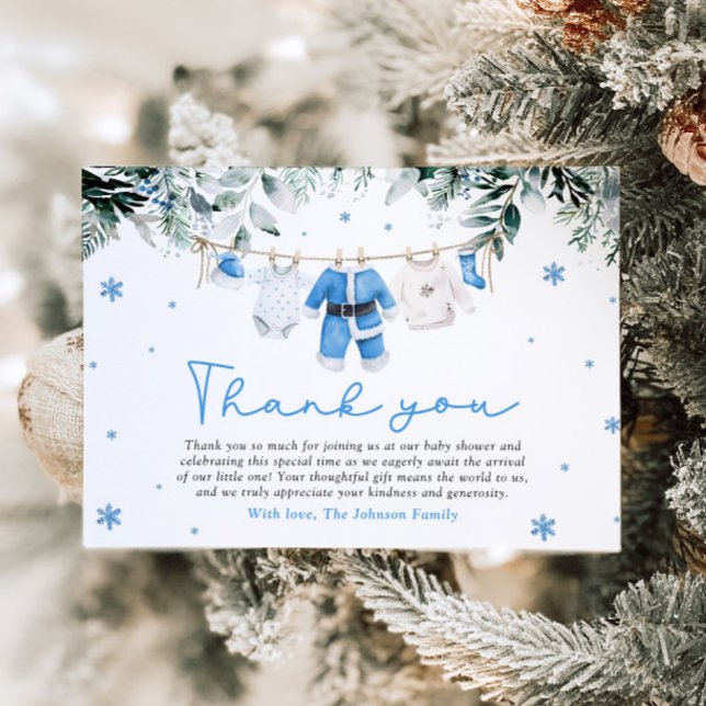 Blue Santa Baby Christmas Clothesline Baby Shower Thank You Card (Creator Uploaded)
