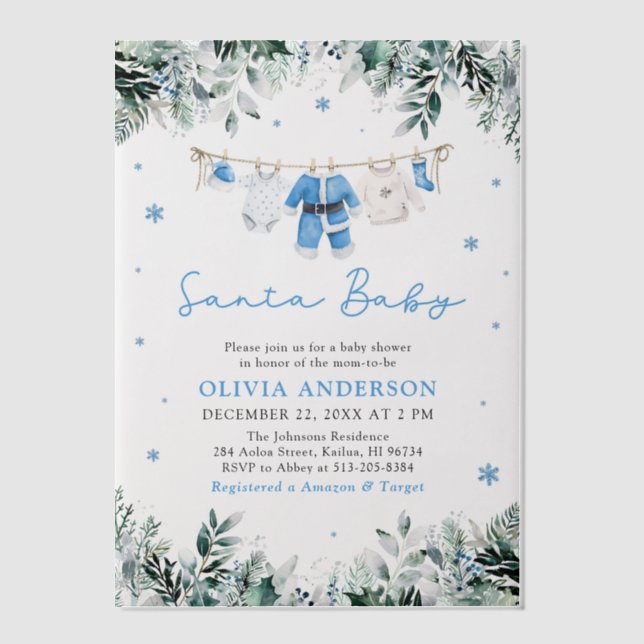 Blue Santa Baby Christmas Clothesline Baby Shower Vellum Invitations (Front)