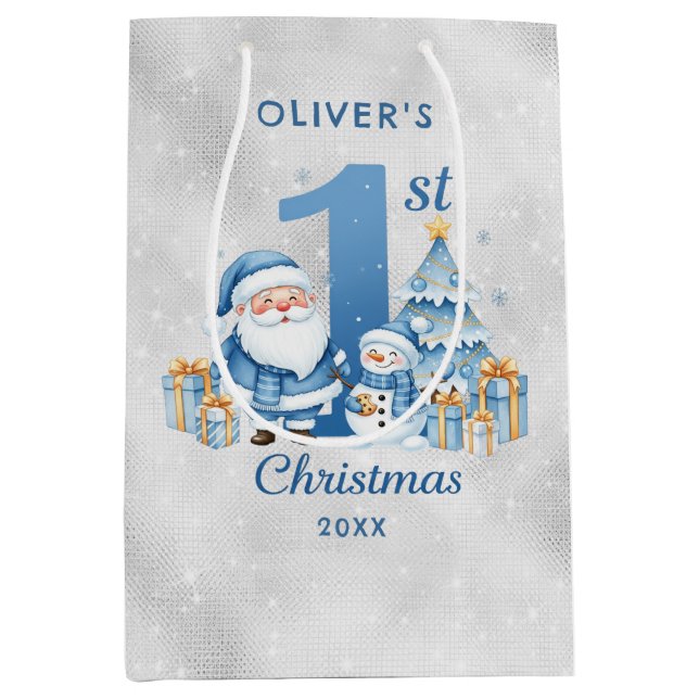 Blue Santa Claus 1st Christmas Medium Gift Bag (Front)