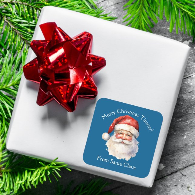 Blue Santa Claus Custom Kids Christmas Gift Square Sticker (Creator Uploaded)