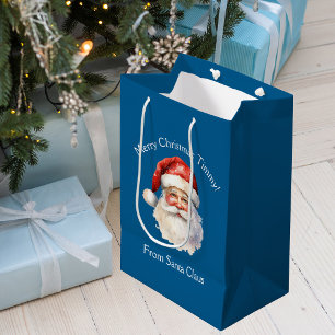 Blue Santa Claus Personalised Kids Christmas Medium Gift Bag