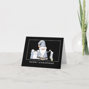 Blue Santa Gnome with Stocking & Gift Christmas Card