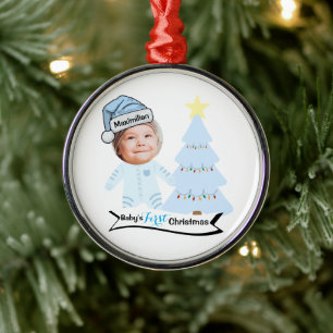 Blue Santa Hat Baby’s First Christmas Photo Metal Tree Decoration
