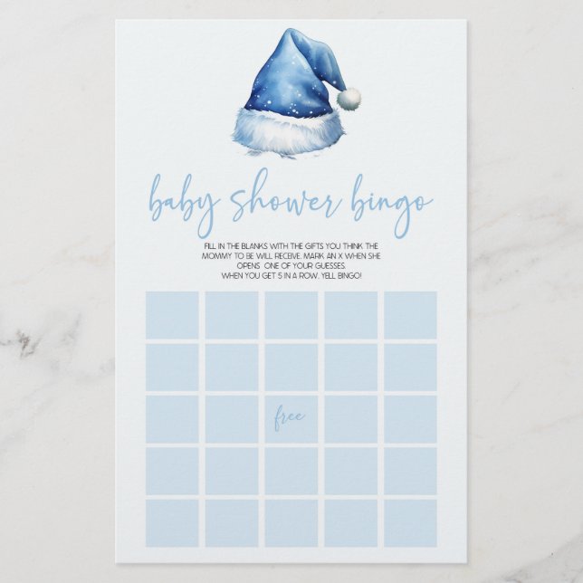 Blue Santa Hat Christmas Bingo Baby Shower Game Stationery (Front)