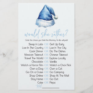 Blue Santa Hat Would She Rather Baby Shower Game Stationery