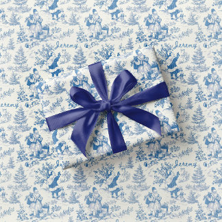 Blue Santa Toile Wrapping Paper Vintage