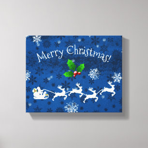 Blue Santa's Sleigh and Reindeer Canvas Print