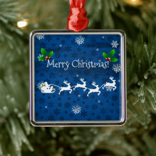 Blue Santa's Sleigh and Reindeer Ceramic Ornament