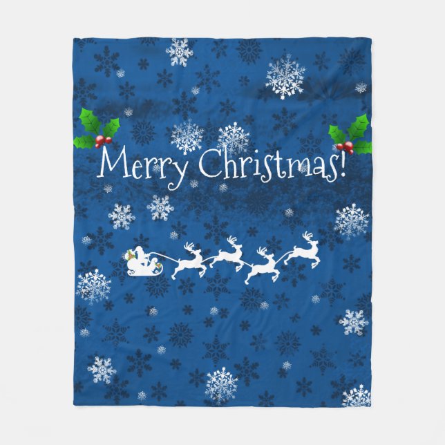 Blue Santa's Sleigh and Reindeer Fleece Blanket (Front)