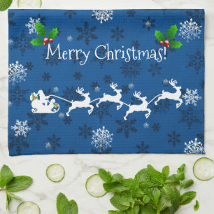 Blue Santa's Sleigh and Reindeer Kitchen Towel