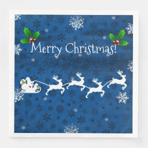 Blue Santa's Sleigh and Reindeer Paper Napkin
