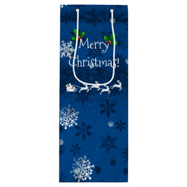 Blue Santa's Sleigh and Reindeer Wine Gift Bag (Front)
