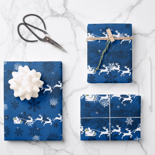 Blue Santa's Sleigh and Reindeer Wrapping Paper (Front)