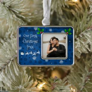 Blue Santa's Sleigh & Reindeer Christmas Ornament