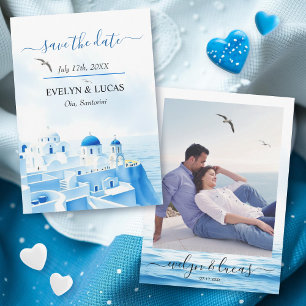 Blue Santorini Greece watercolor photo wedding Save The Date