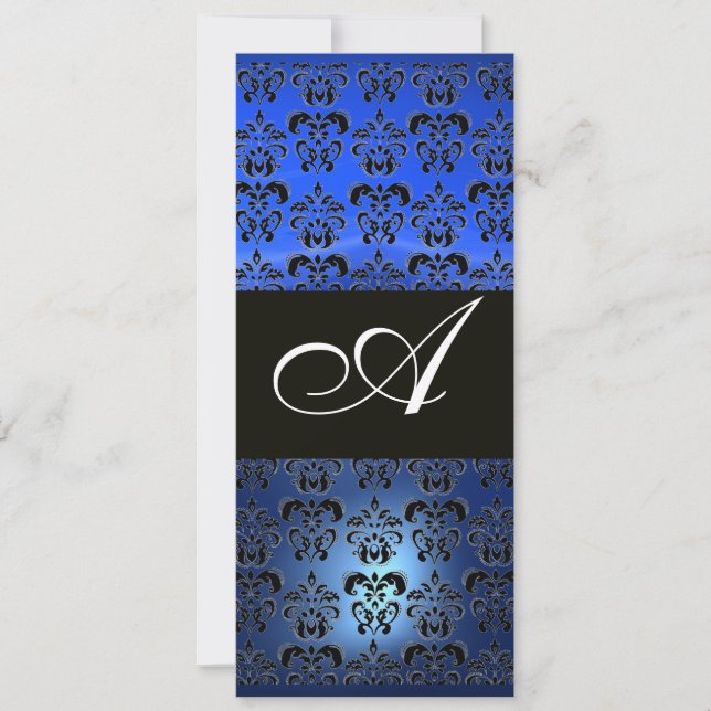 BLUE SAPPHIRE AND BLACK  DAMASK MONOGRAM , white Invitation (Front)