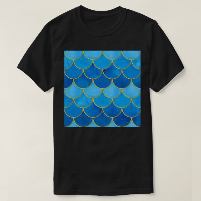 Blue Sapphire and Gold Mermaid Fish Scales T-Shirt (Design Front)