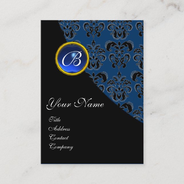 BLUE SAPPHIRE BLACK DAMASK MONOGRAM BUSINESS CARD (Front)