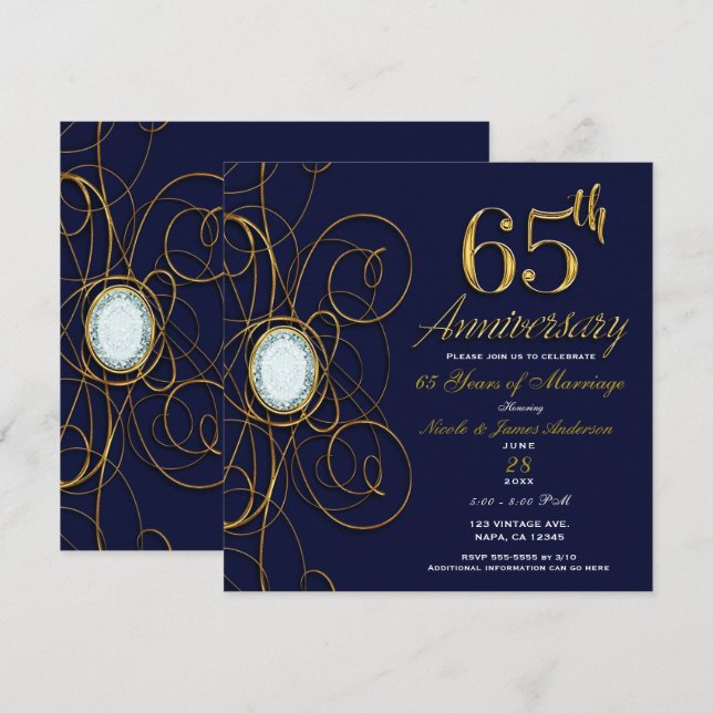 Blue Sapphire & Gold Diamond 65 65th Anniversary Invitation (Front/Back)