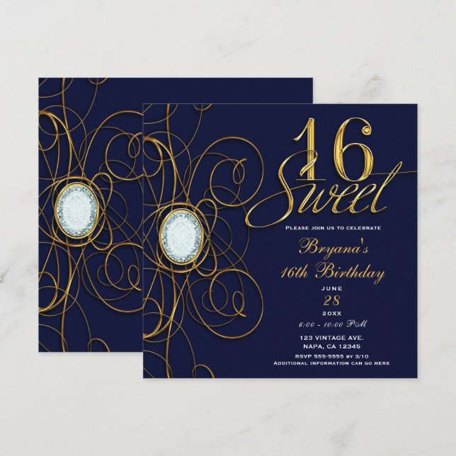 Blue Sapphire Gold Diamond Sweet 16 16th Birthday Invitation (Front/Back)