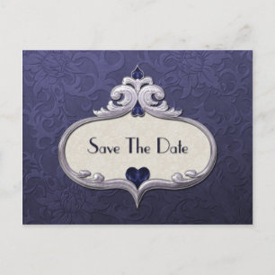Blue Sapphire Jewel Hearts on Blue Damask Save The Announcement Postcard