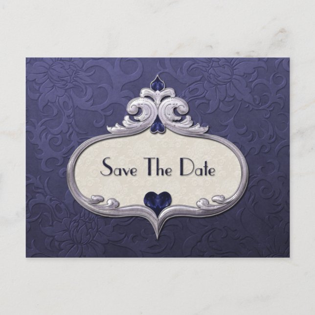 Blue Sapphire Jewel Hearts on Blue Damask Save The Announcement Postcard (Front)