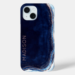 Blue Sapphire & Rose Gold Geode Agate Personalised iPhone 15 Case