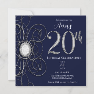 Blue Sapphire & Silver Diamond 20 20th Birthday Invitation