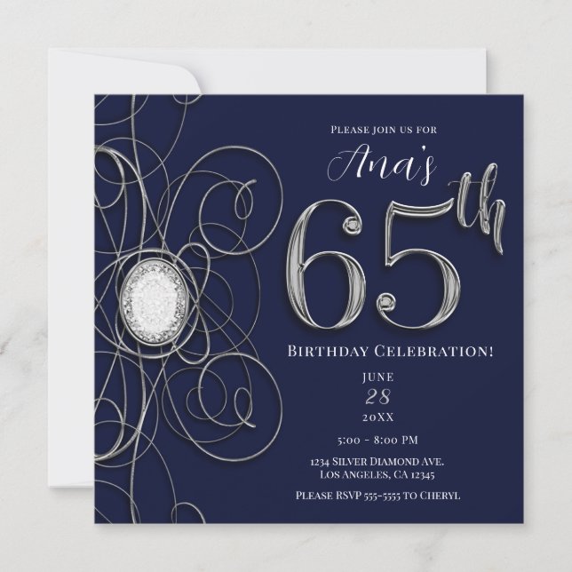 Blue Sapphire & Silver Diamond 65 65th Birthday Invitation (Front)