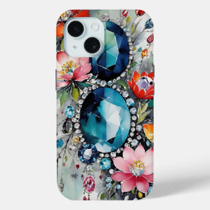 Blue Sapphires and Sparkly Diamonds Gems Floral iPhone 15 Case