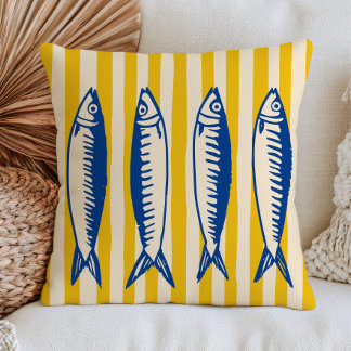 Blue Sardines on Yellow Stripes Modern Nautical Cushion
