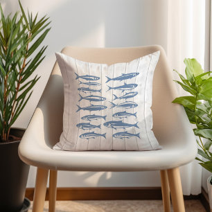 Blue Sardines Sea Life Ocean Nautical White Wood  Cushion