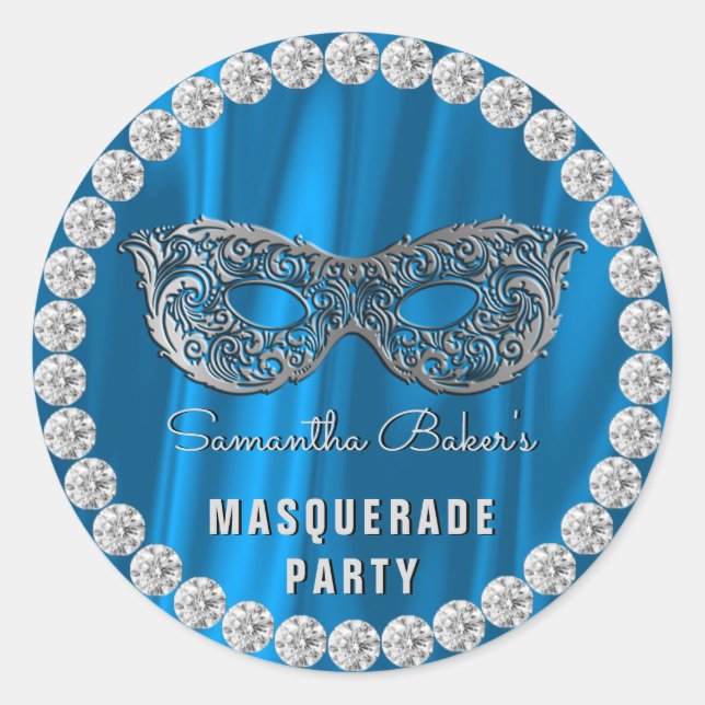 Blue Satin Diamonds Masquerade Party Glam Birthday Classic Round Sticker (Front)