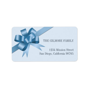 Blue satin gift bow ribbon holiday return address label