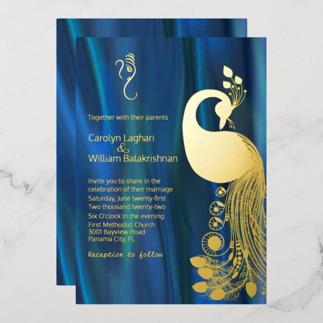 Blue Satin with Gold Peacock and Ganesha Wedding  (Front/Back)