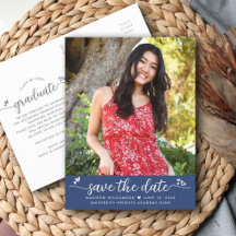 Blue Save the Date Graduation Photo Script Hearts