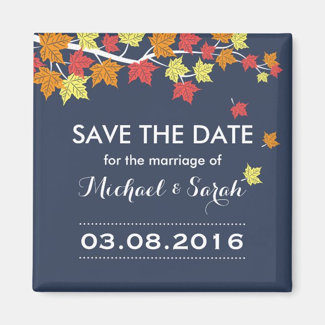 Blue Save The Date Maple Leaf Fall Wedding Magnet (Front)
