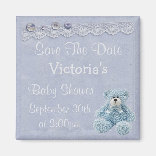 Blue Save the Date Teddy Bear Baby Boy Shower Magnet (Front)